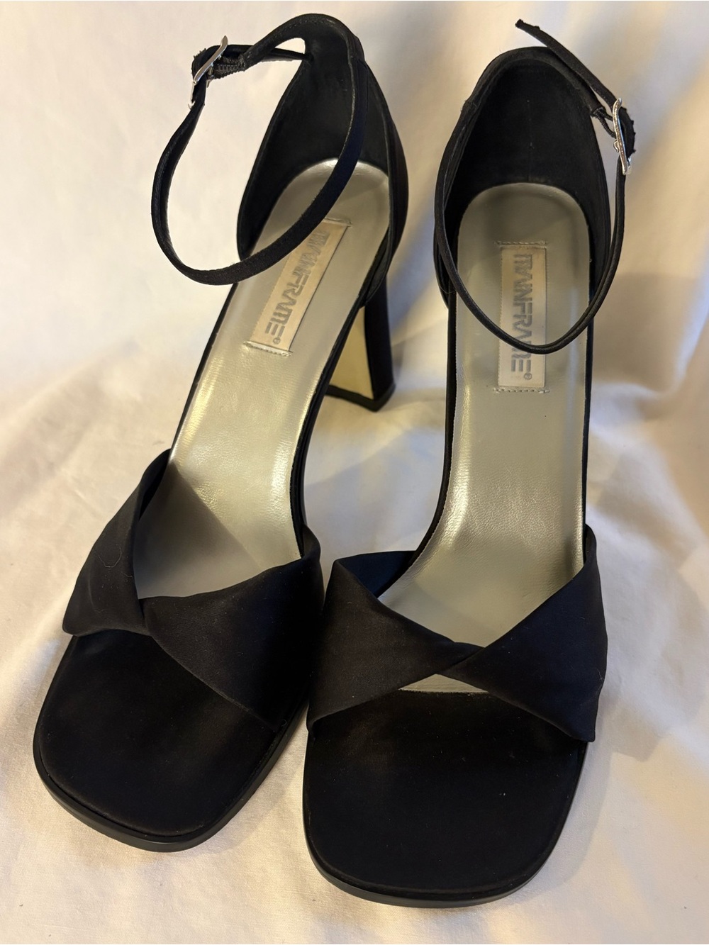 Vintage Black Satin Ankle Strap Block Heels Size 8.5